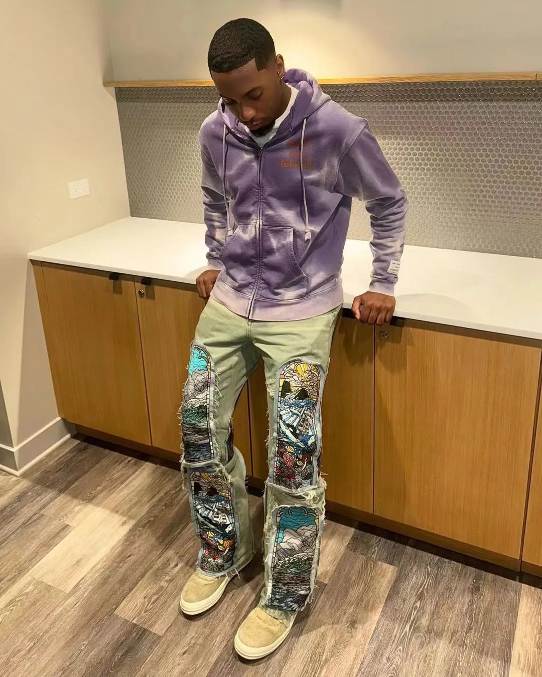 The same style as the owner GALLERY DEPT. FRENCH ZIP HOODIE water corrugated French zipper hole hoodie, sun washed purple, washed purple S-XL, ready-to-wear dyeing, hand-stitched and heavy-weighted, faded, super-heavy washing, hand-hanging holes, bone edges turned white, molded and customized with G LOGO zipper